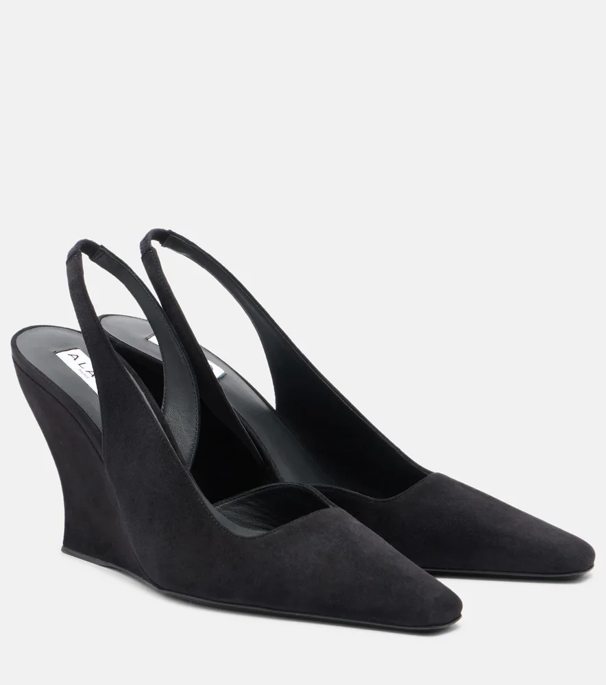 Suede wedge slingback pumps