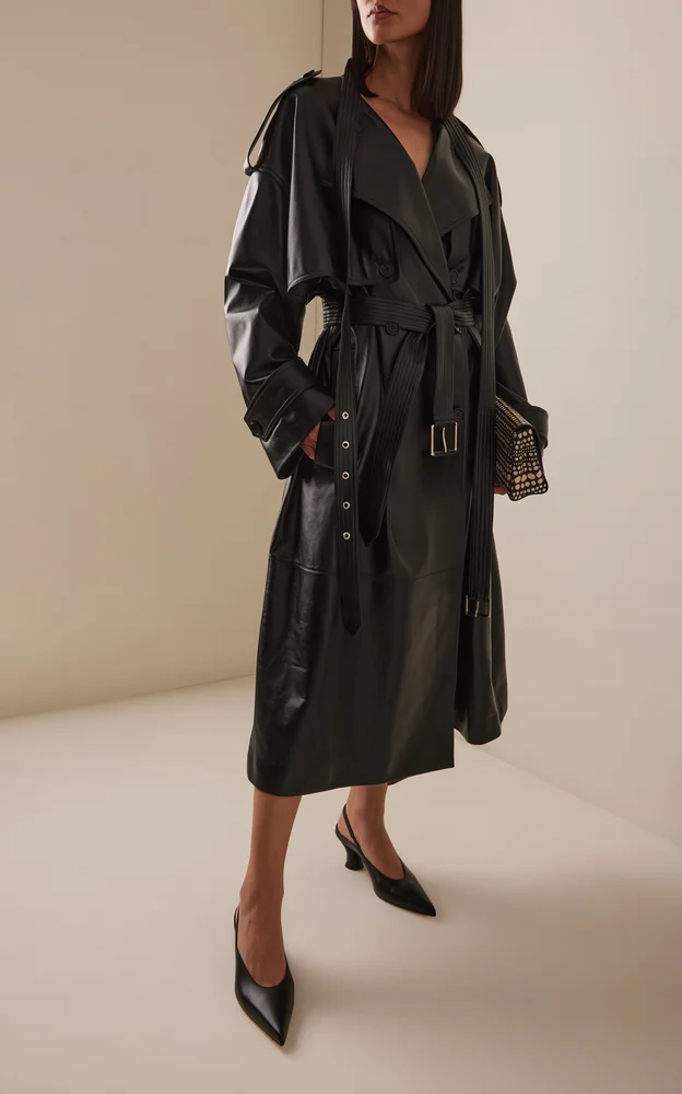 Scarf-Detailed Leather Trench Coat