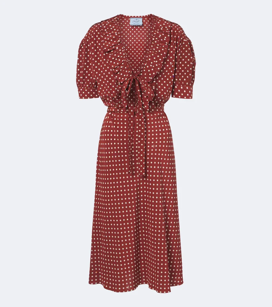 Polka-dot ruffled silk midi dress