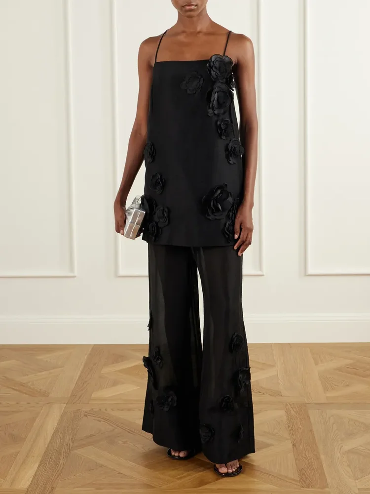 . Cloudscape flower-appliqué Lyocell and linen-blend mid-rise wide-leg pants