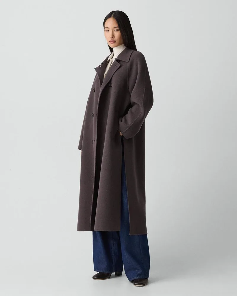 Theory Long Double-Breasted Coat in Textured Wool-Cashmere