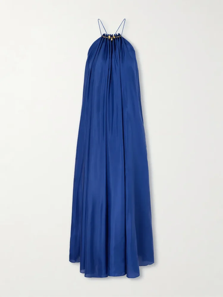 Aster gathered beaded silk-satin maxi dress