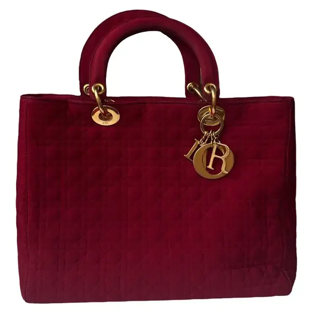 Lady Dior Vintage Large Burgundy Cloth with Yellow Gold-tone Hardware