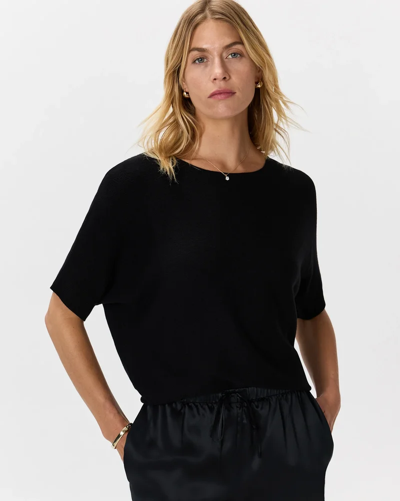 Lightweight Cotton Cashmere Link-Stitch Dolman Sweater in Black