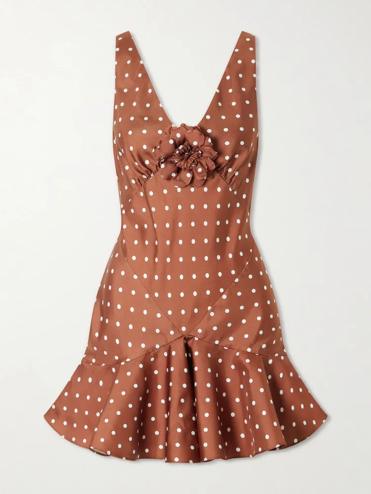 Floral-embellished polka-dot silk-twill midi dress