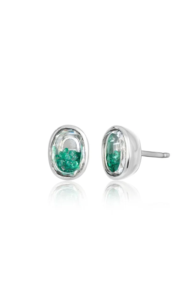 18k White Gold Neue Oval Stud Earrings Emerald