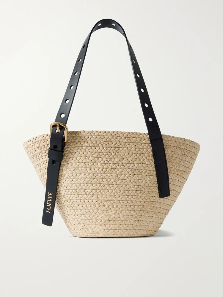 + Paula's Ibiza Punch Hole small leather-trimmed raffia tote