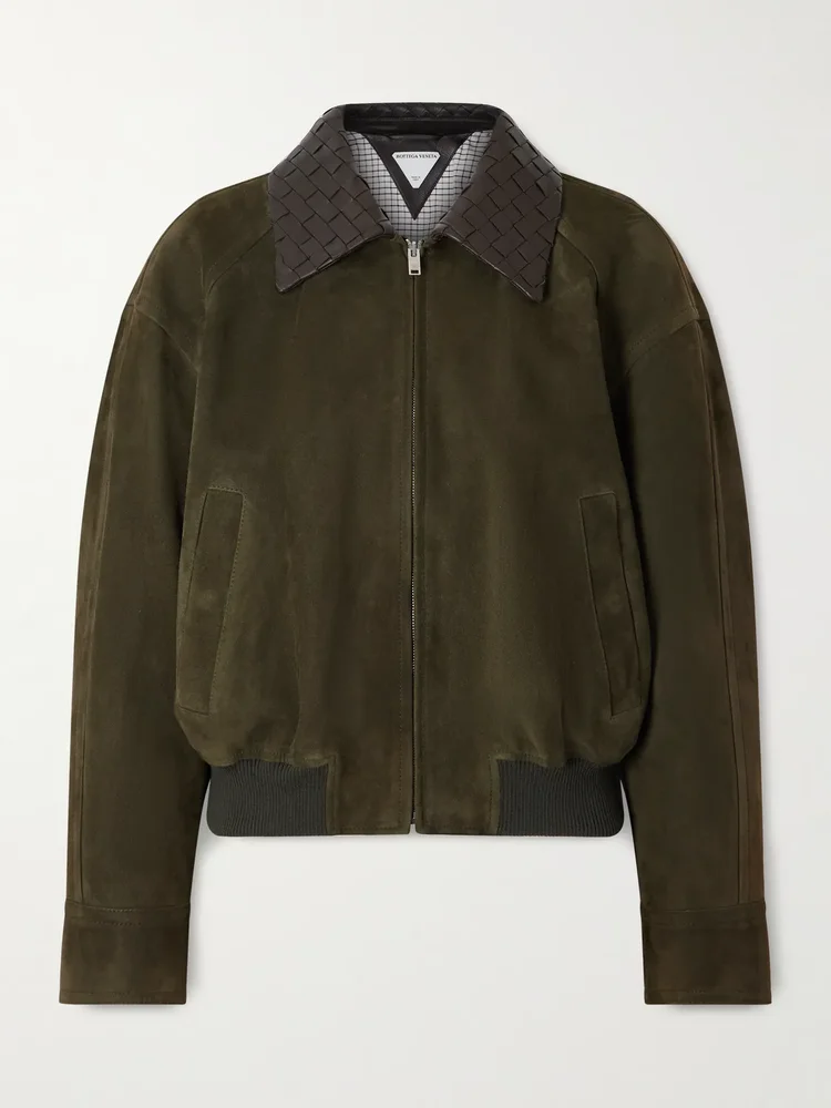 Intrecciato leather-trimmed suede jacket