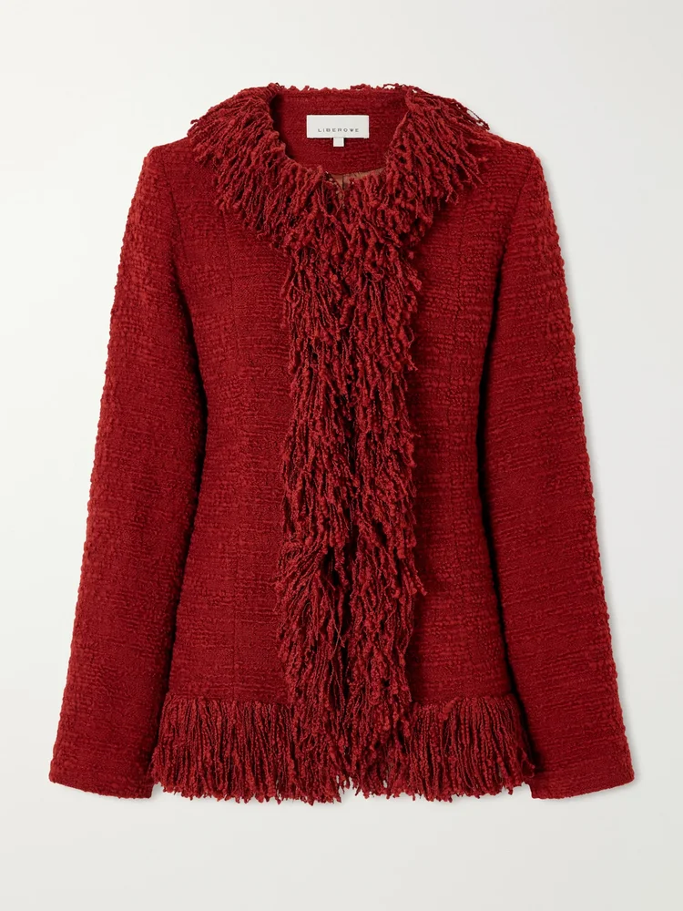 Fringed wool-blend tweed jacket