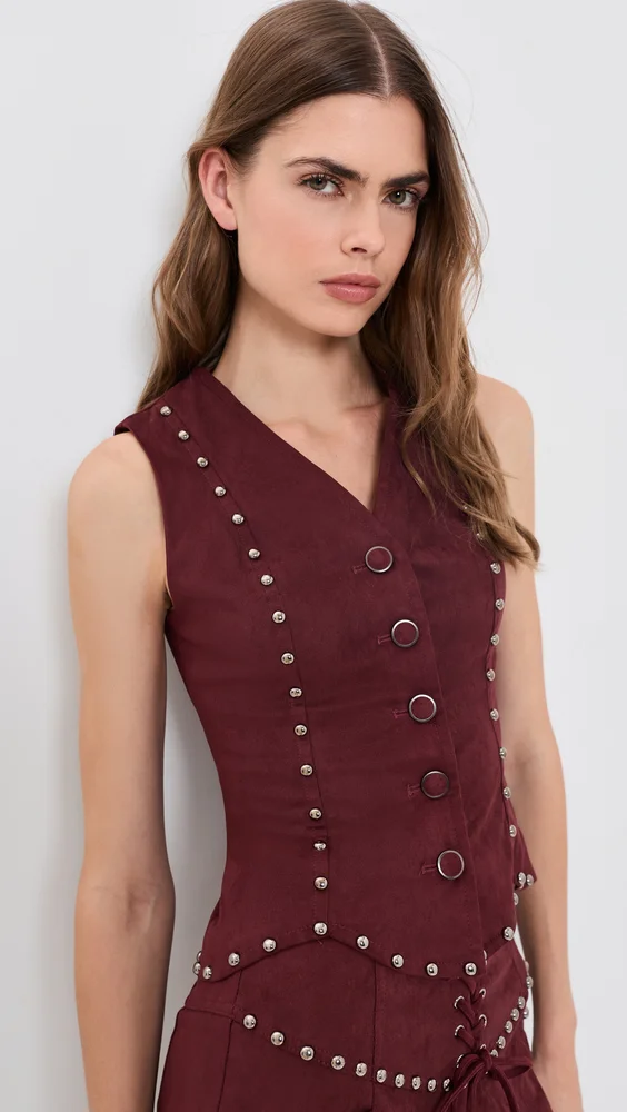 V Neck Button Down Studded Suede Top