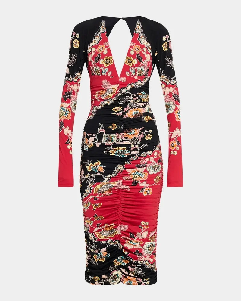 Ruched Open-Back Long-Sleeve Midi Dress