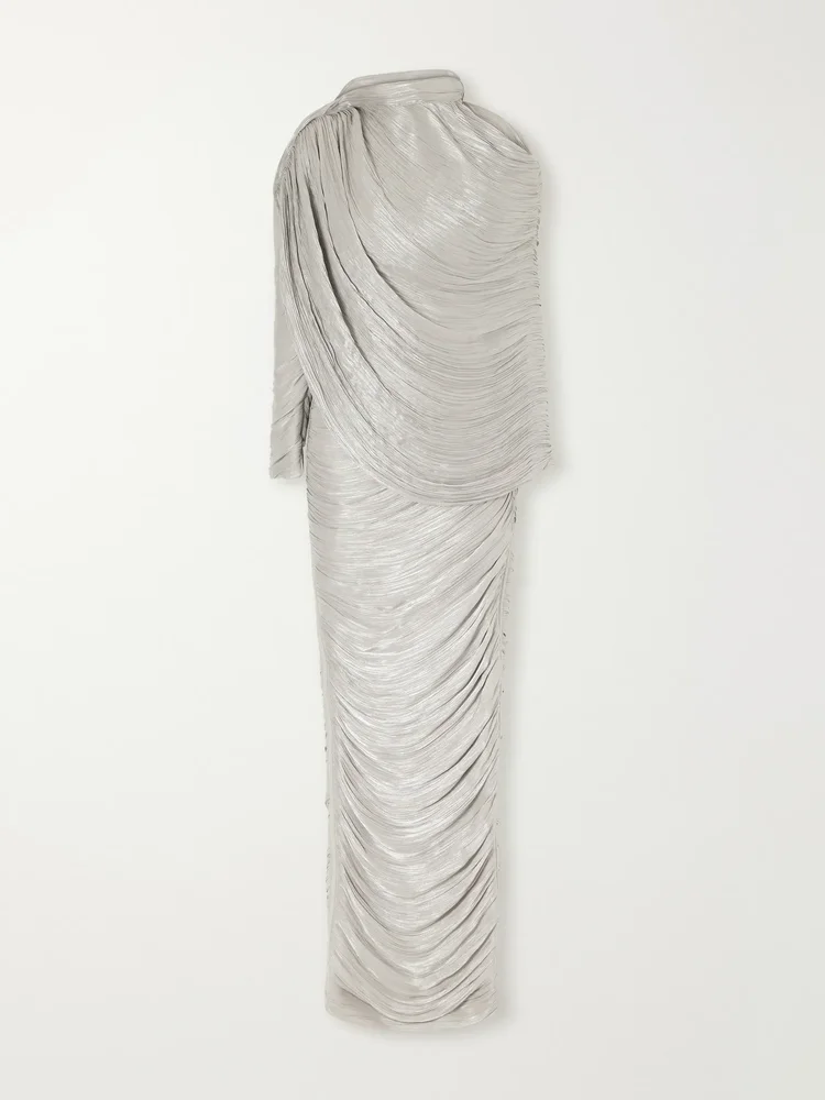 Cape-effect plissé crepe de chine gown