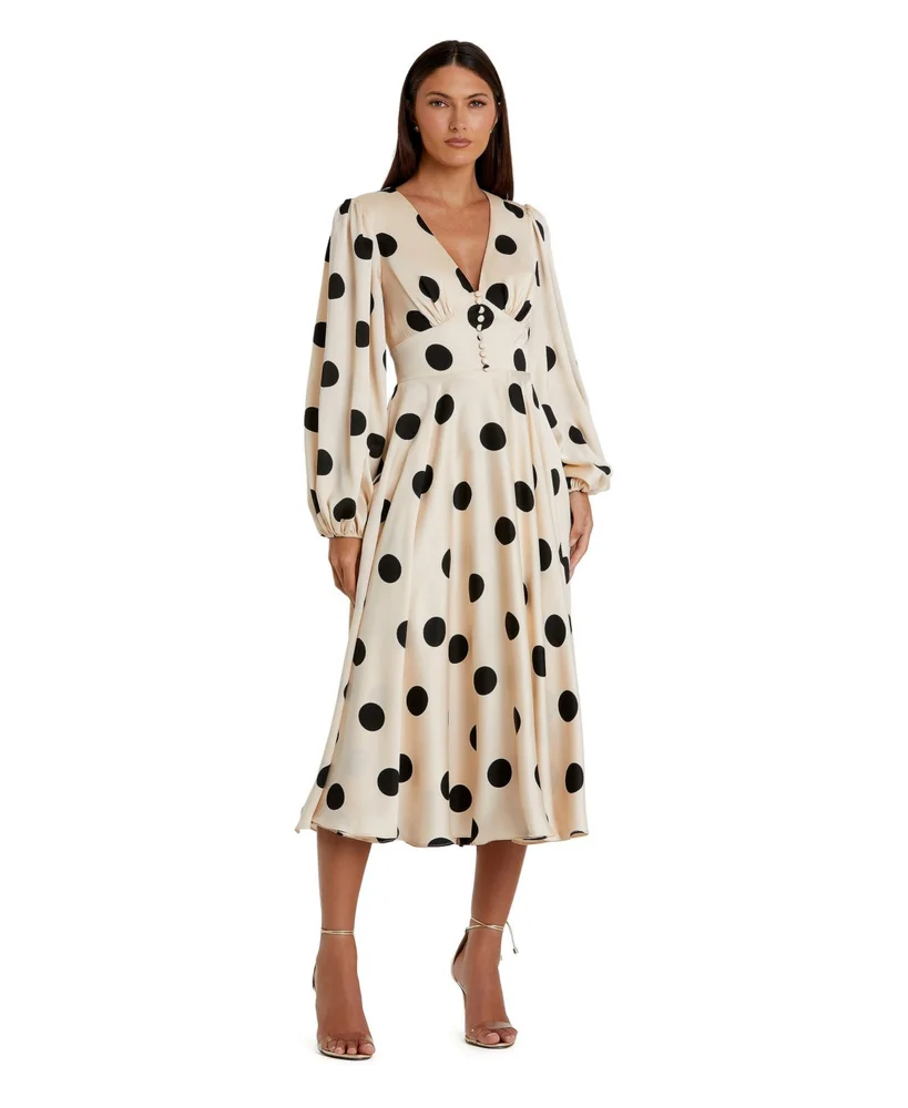Women's Polka Dot Charmeuse Long Sleeve V Neck Midi Dress