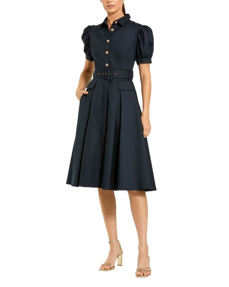 Puff Sleeve Twill Button Up Midi Dress with Belt