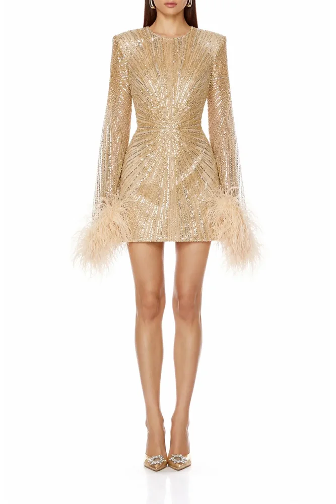 Tokyo Sequin & Feather Detail Long Sleeve Cocktail Minidress