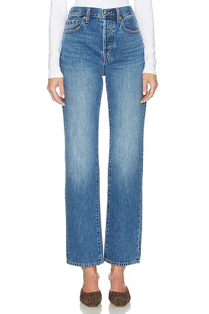 High Rise Straight Jeans-Navy Red Stripe