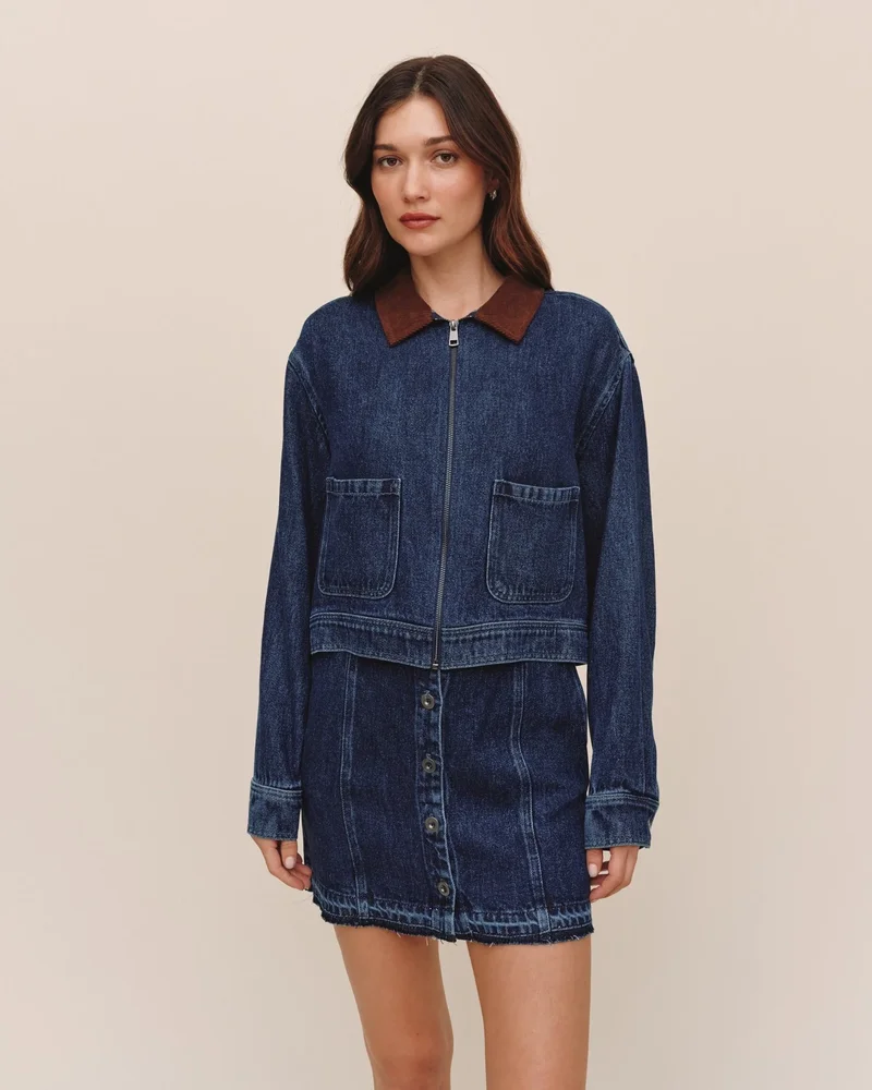 Crop Zip Up Barn Jacket - Dark Rinse Wash