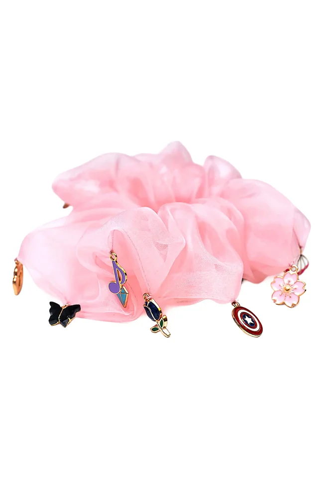 Oversized Organza Scrunchie with Charms, Pink