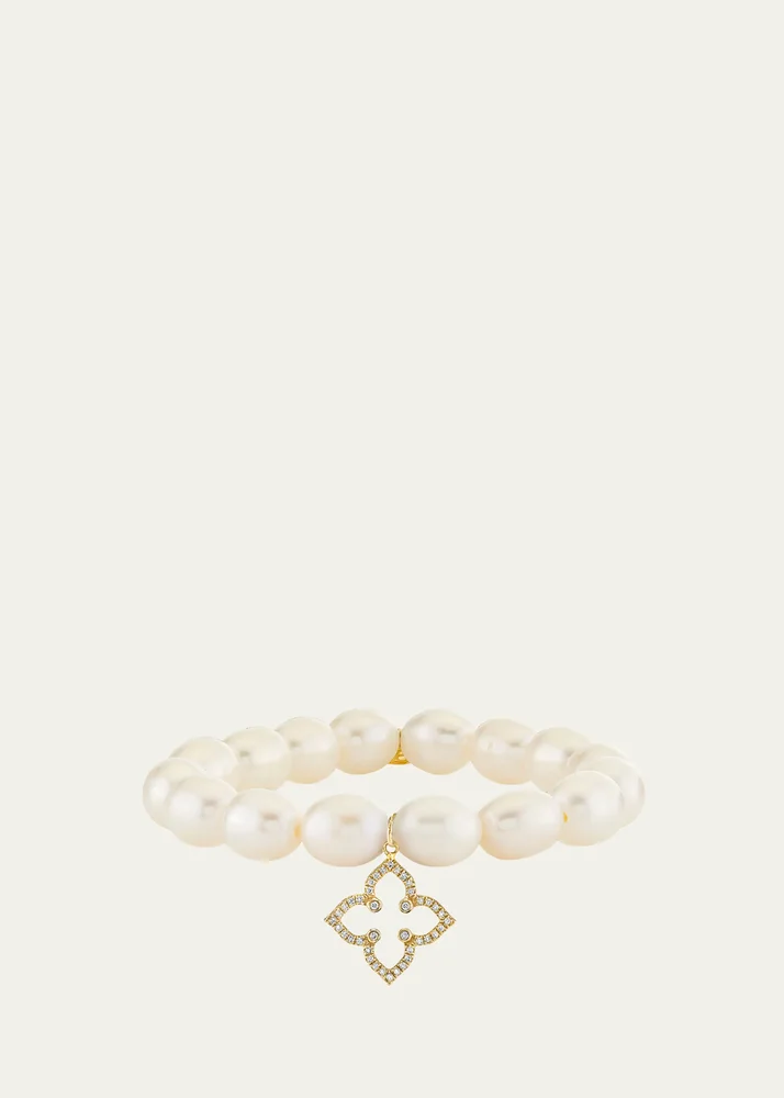 14K Diamond Moroccan Flower on Pearl Stretch Bracelet