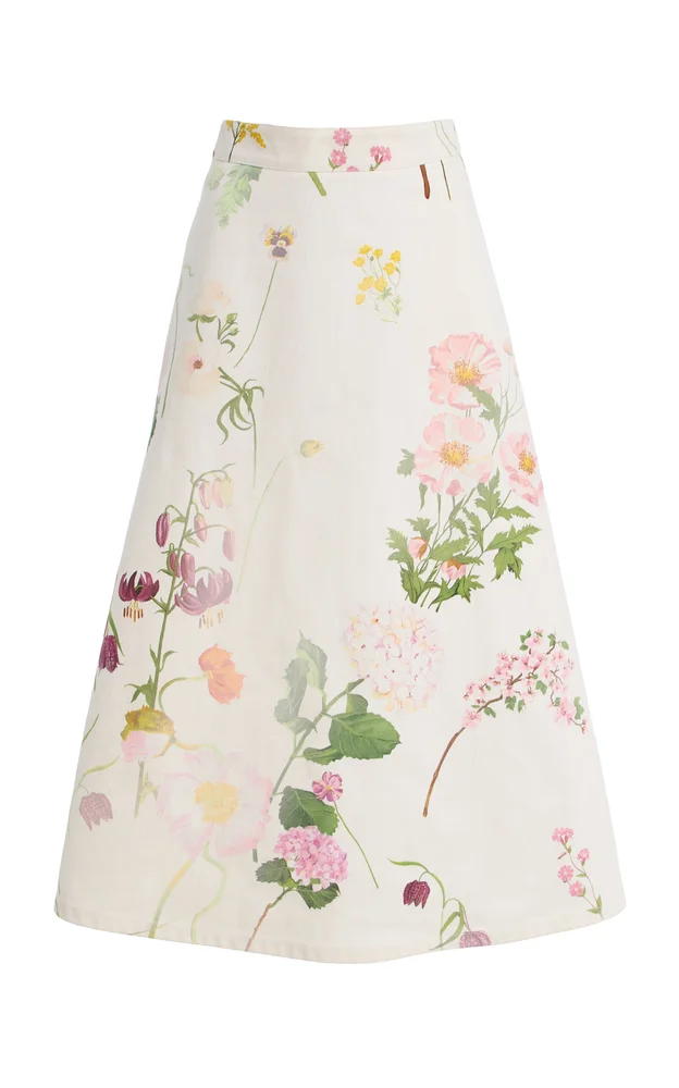 Botanical Cotton-Denim Midi Skirt