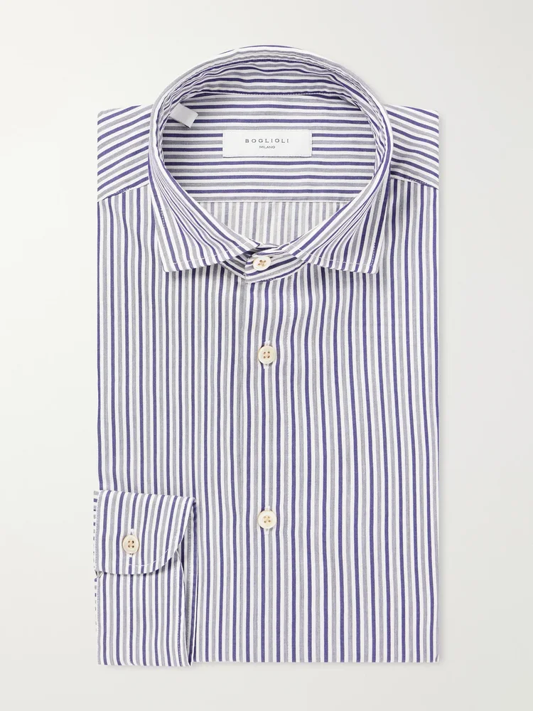 French Collar Striped Cotton Oxford Shirt