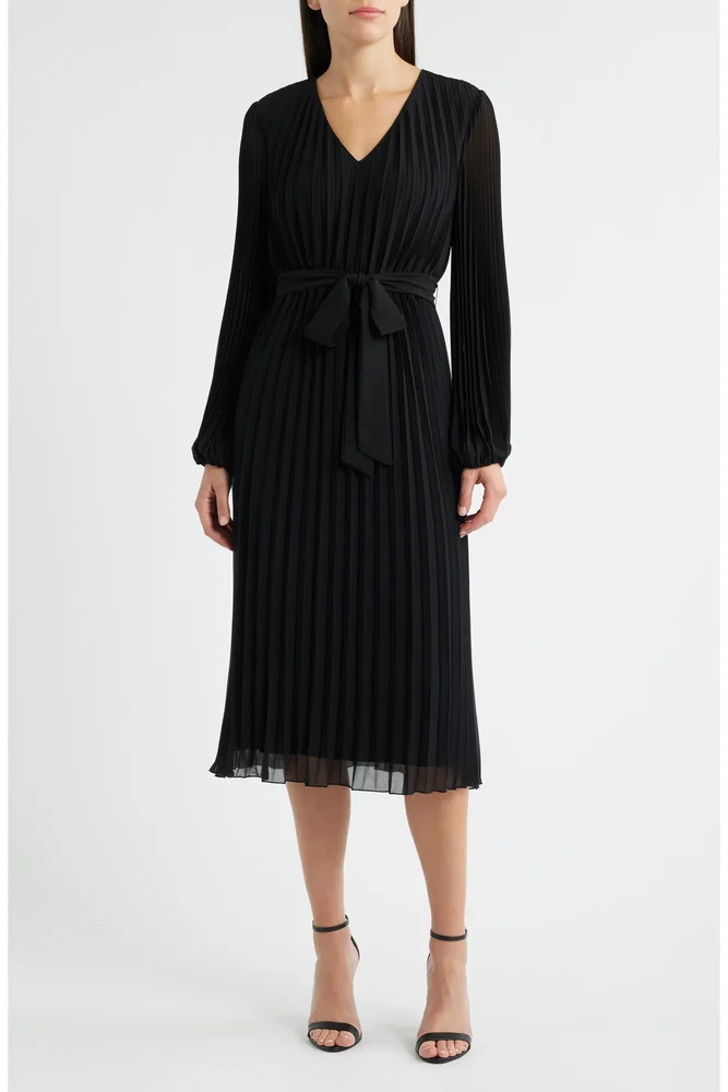 Pleated Long Sleeve Chiffon Midi Dress