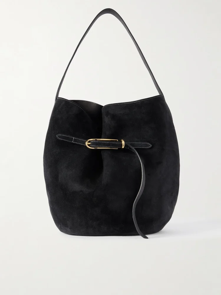 Buckled suede bucket bag