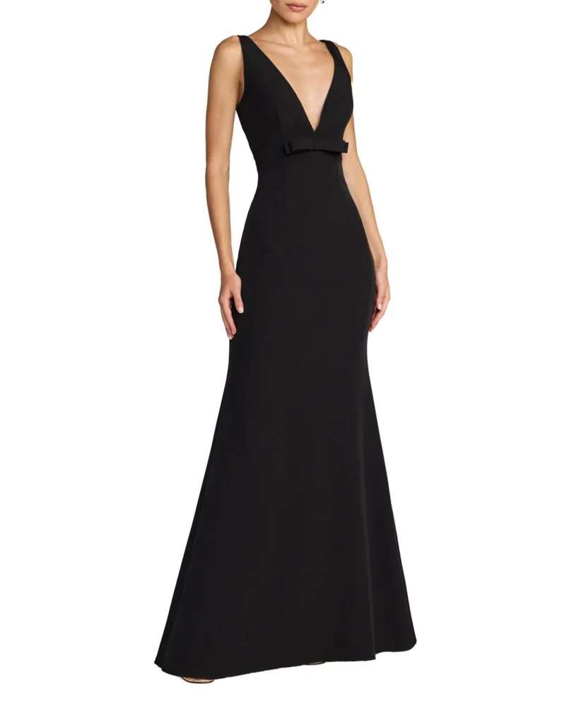 Crepe Sleeveless V Neck Mermaid Gown with Bow