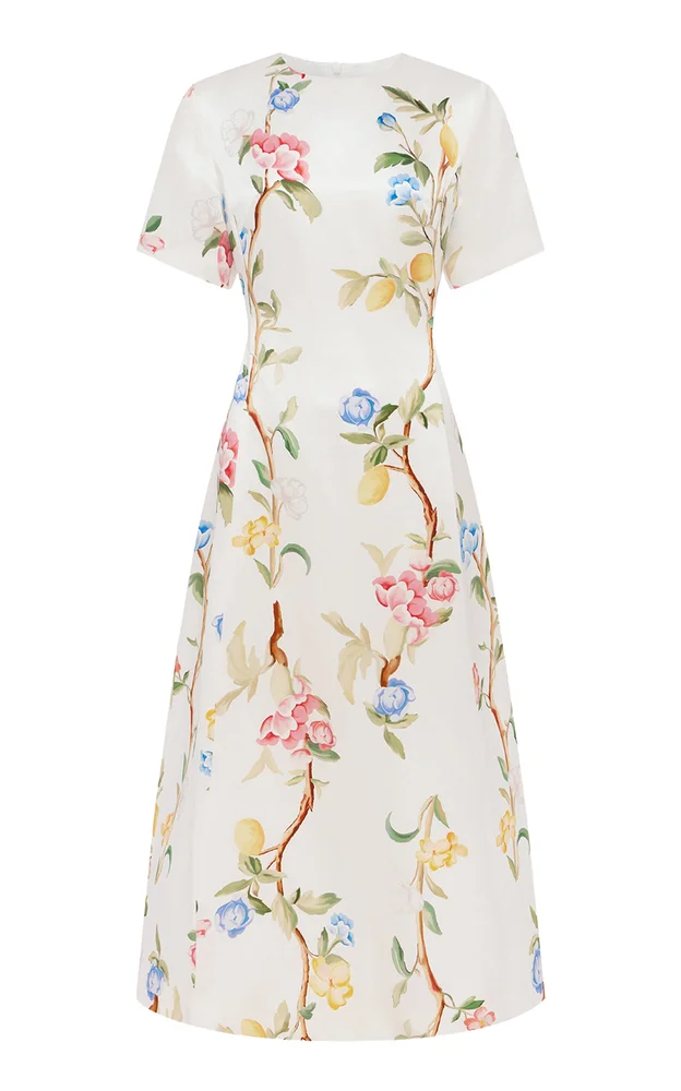 Caroline Floral-Print Linen-Silk Midi Dress