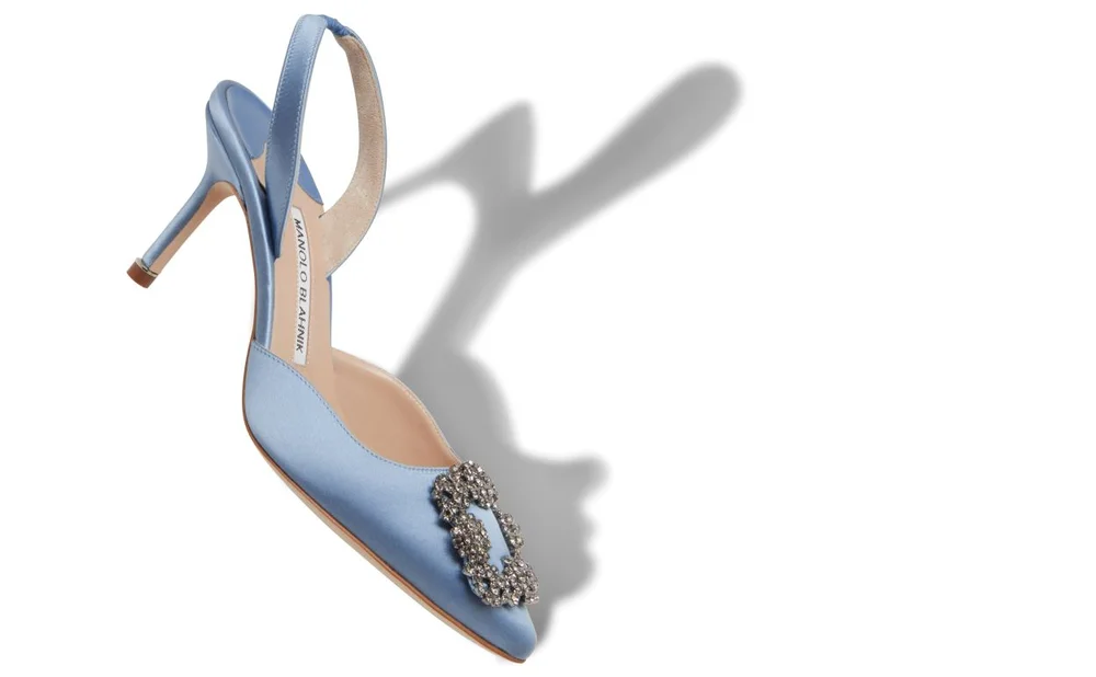 Manolo Blahnik Light Blue Satin Jewel Buckle Slingback Pumps