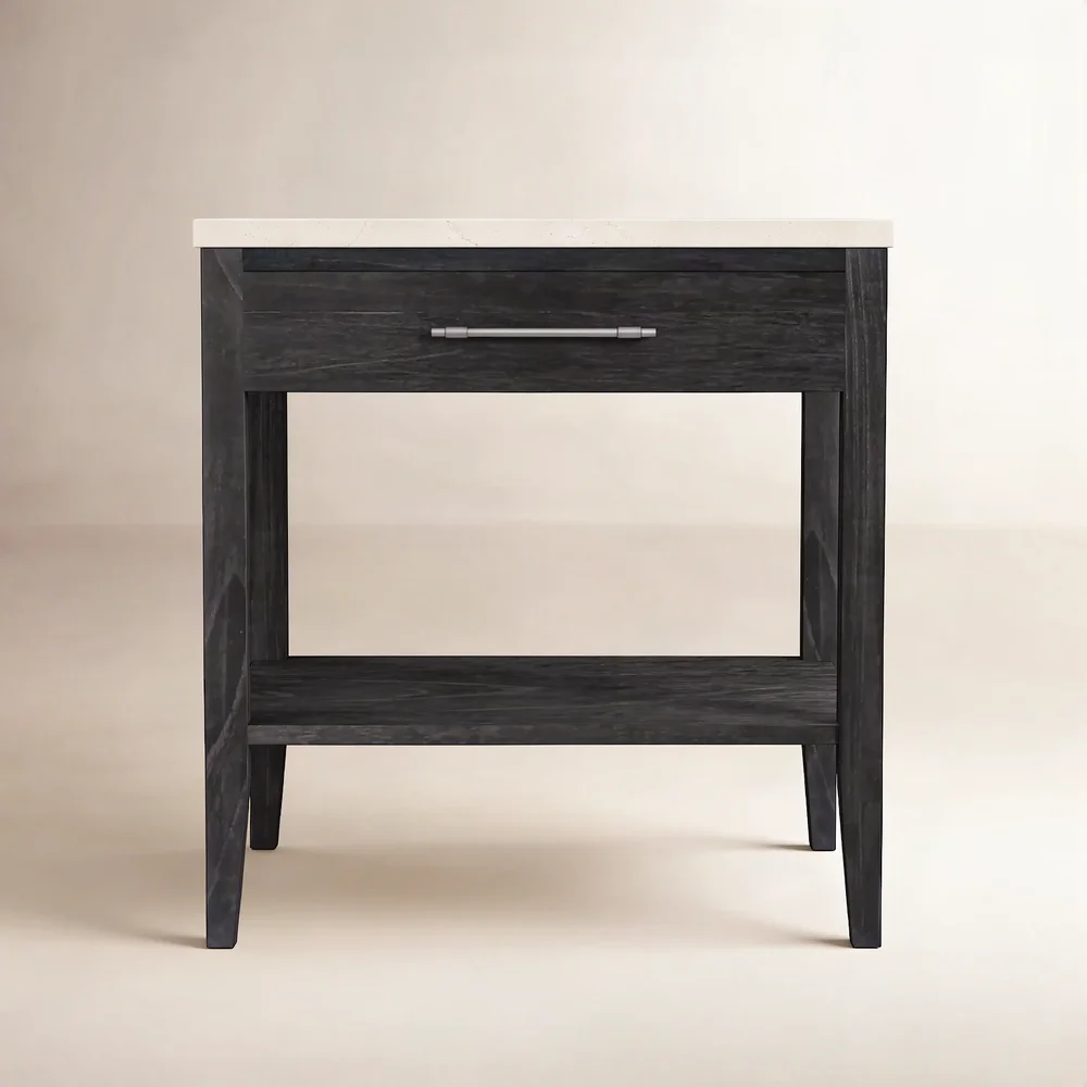 Isa 22 in. W Marble Top 1 Drawer Nightstand with Shelf, Washed Black