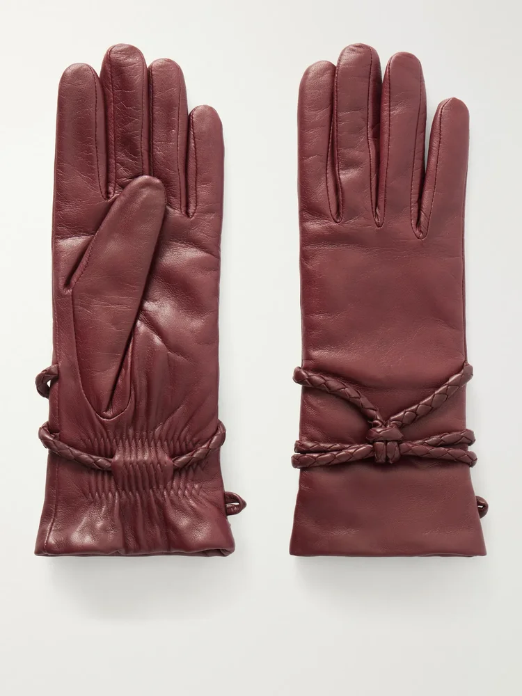 Prune braid-detailed leather gloves