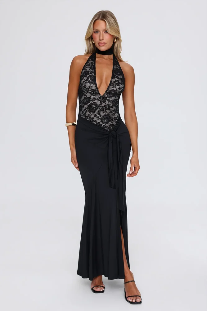 Personal Best Halter Lace Maxi Dress Black