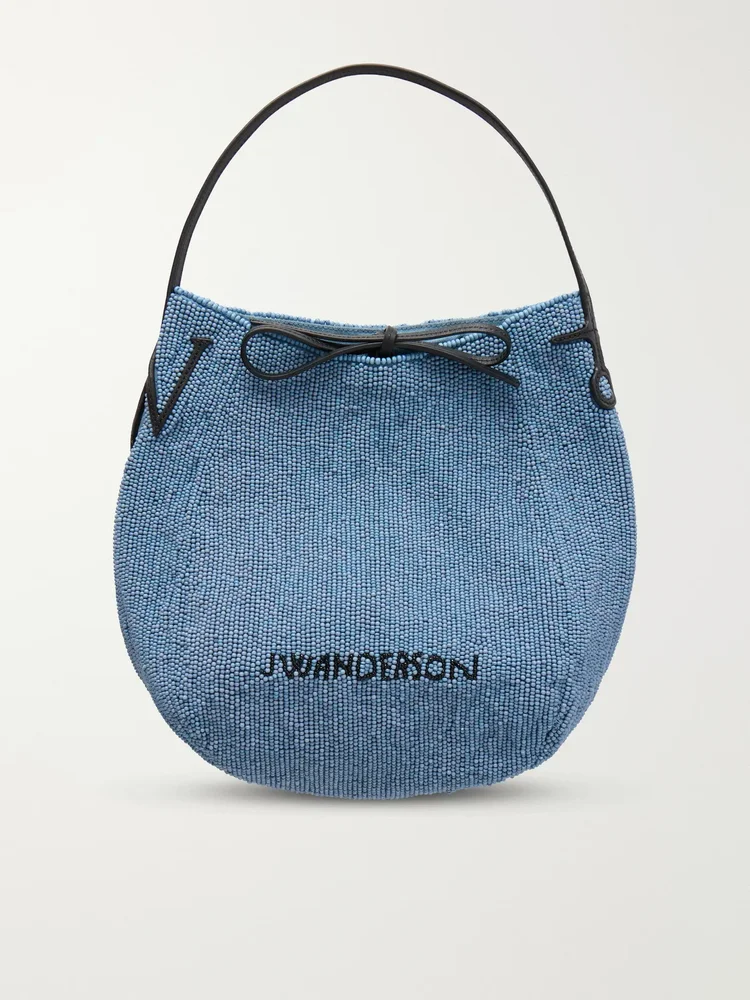 bead embellished leather trimmed canvas tote