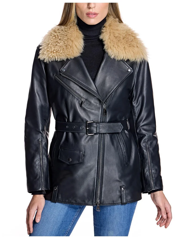 Leather Moto Jacket with Detachable Shearling Collar