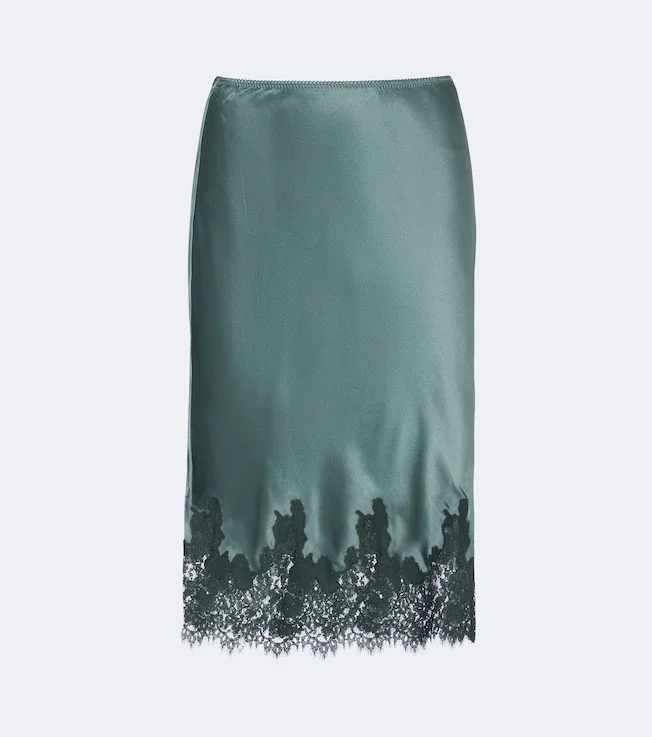 Elowette lace-trimmed silk satin midi skirt