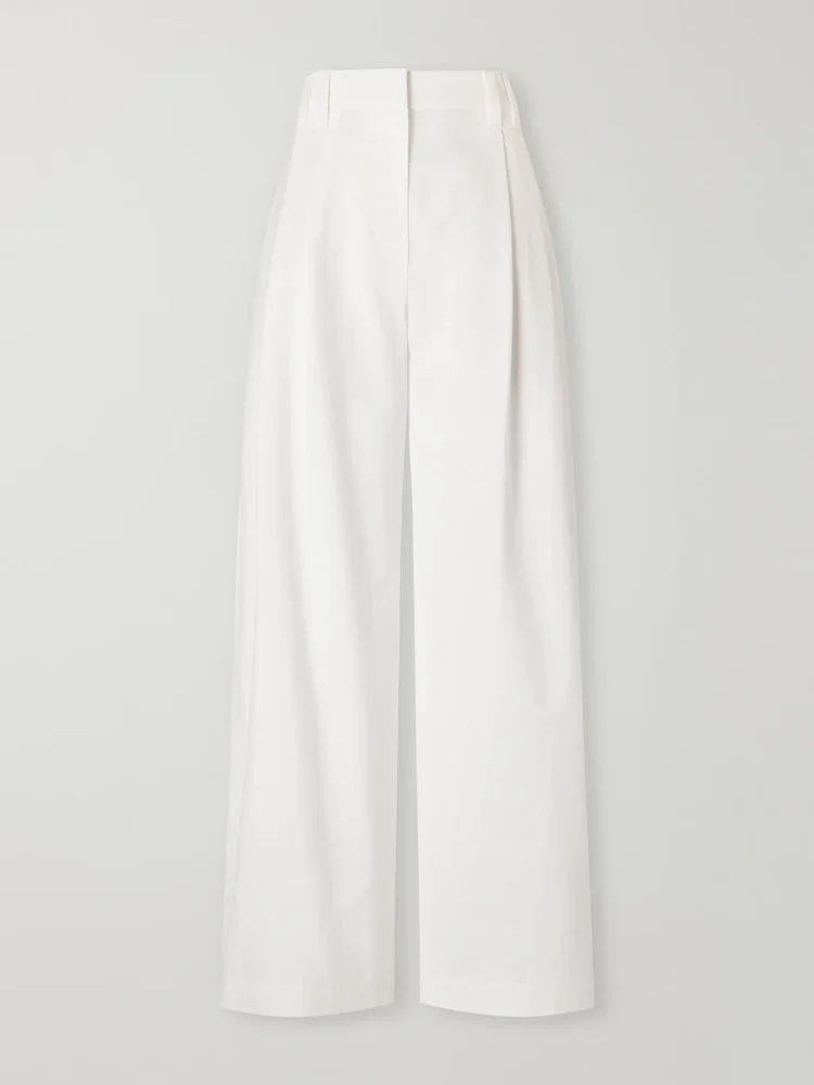 Pleated cotton woven wide-leg pants