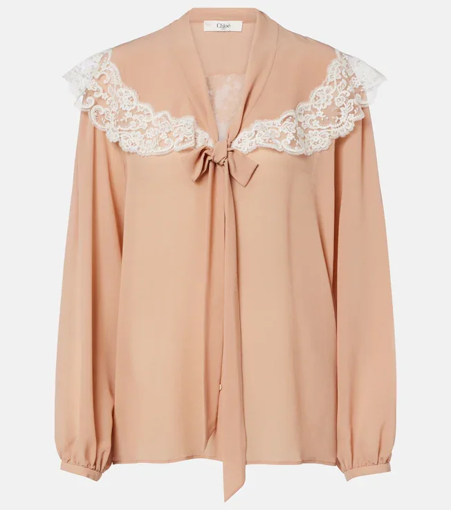 Lace-trimmed silk georgette blouse