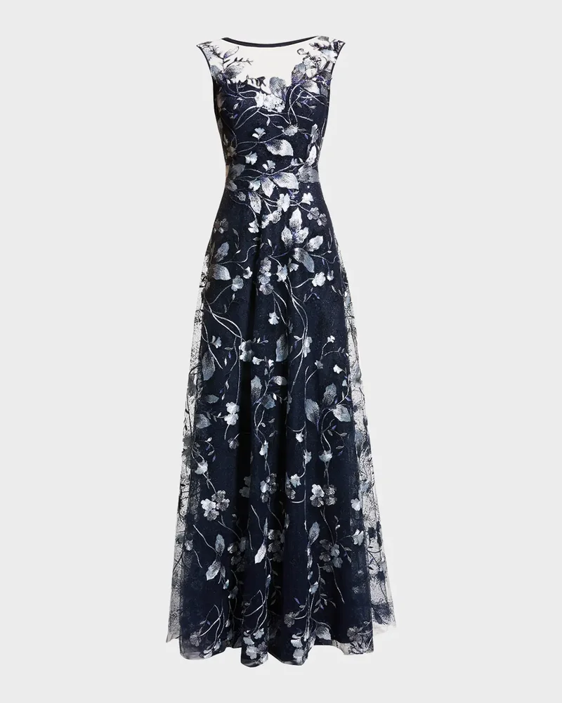Cap-Sleeve Embroidered Tulle A-Line Gown