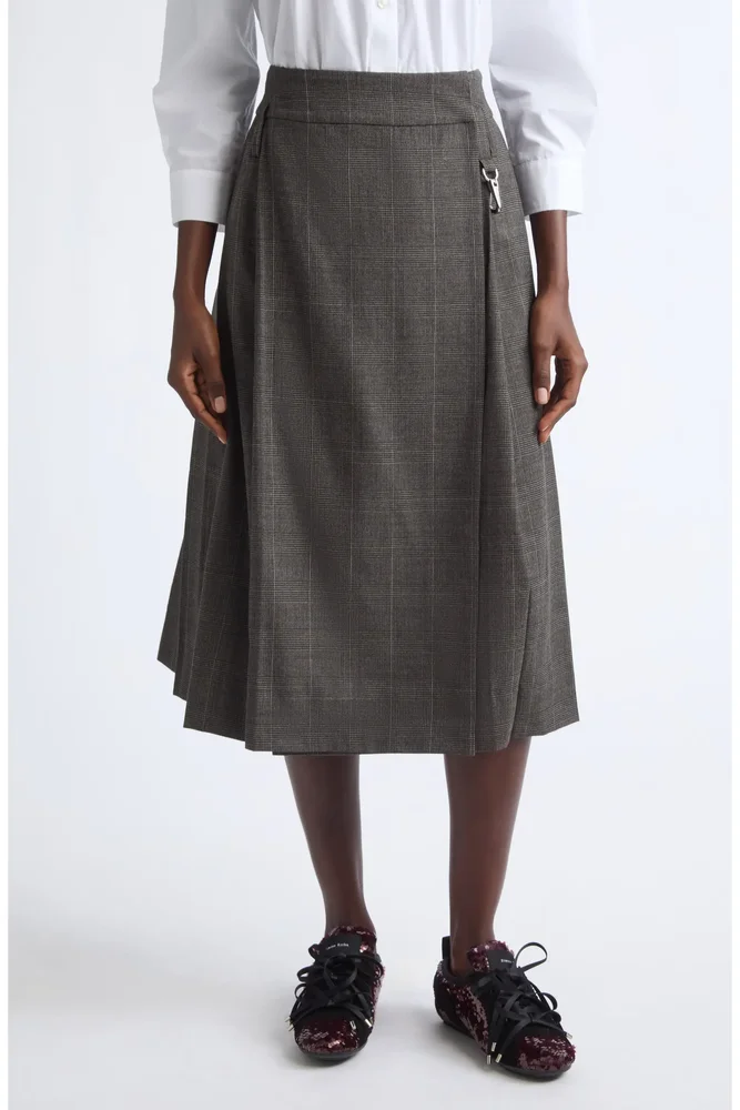 Tailored Clip Kilt Glen Plaid Stretch Wool Midi Skirt