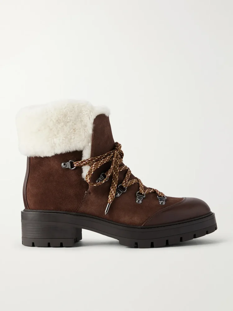 Val d'Isere shearling and leather-trimmed suede ankle boots