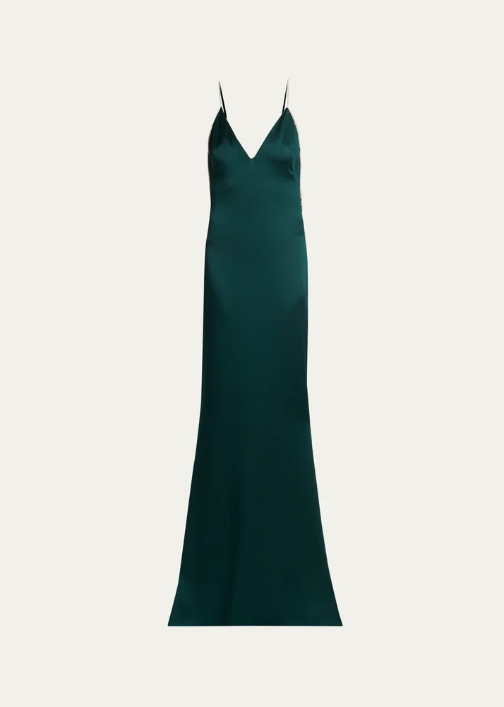 Crystal-Trim Backless Satin Mermaid Gown