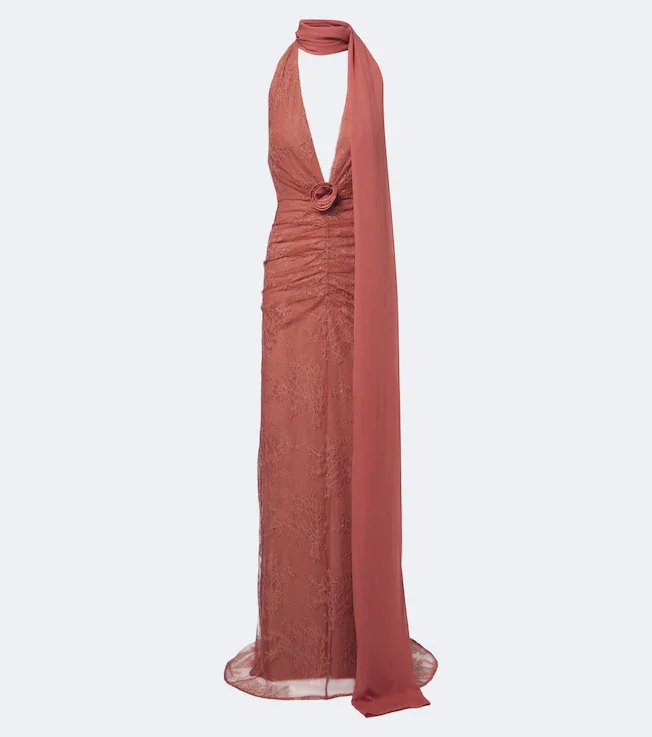 Amora ruched scarf-detail lace maxi dress