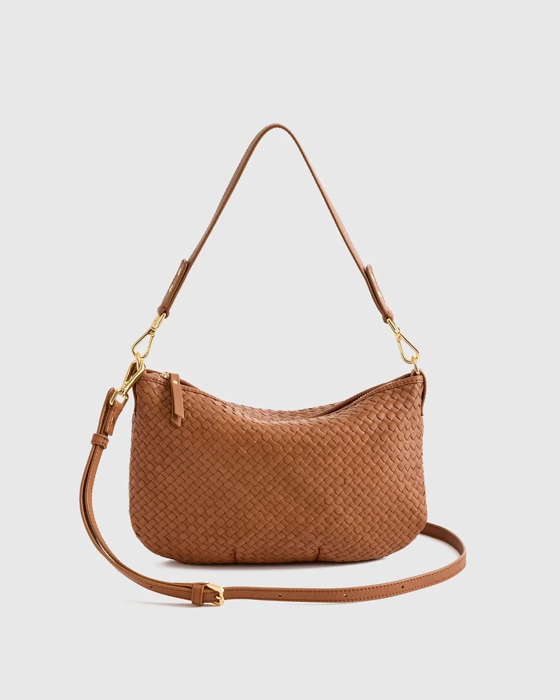 Italian Handwoven Leather Mini Shoulder Bag in Cognac