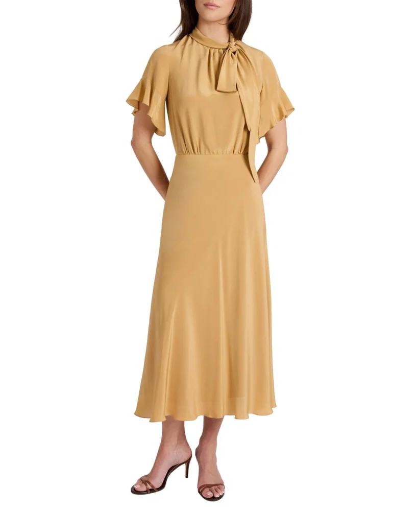 Sabrina Silk Short Sleeve Tie Neck Midi Dress