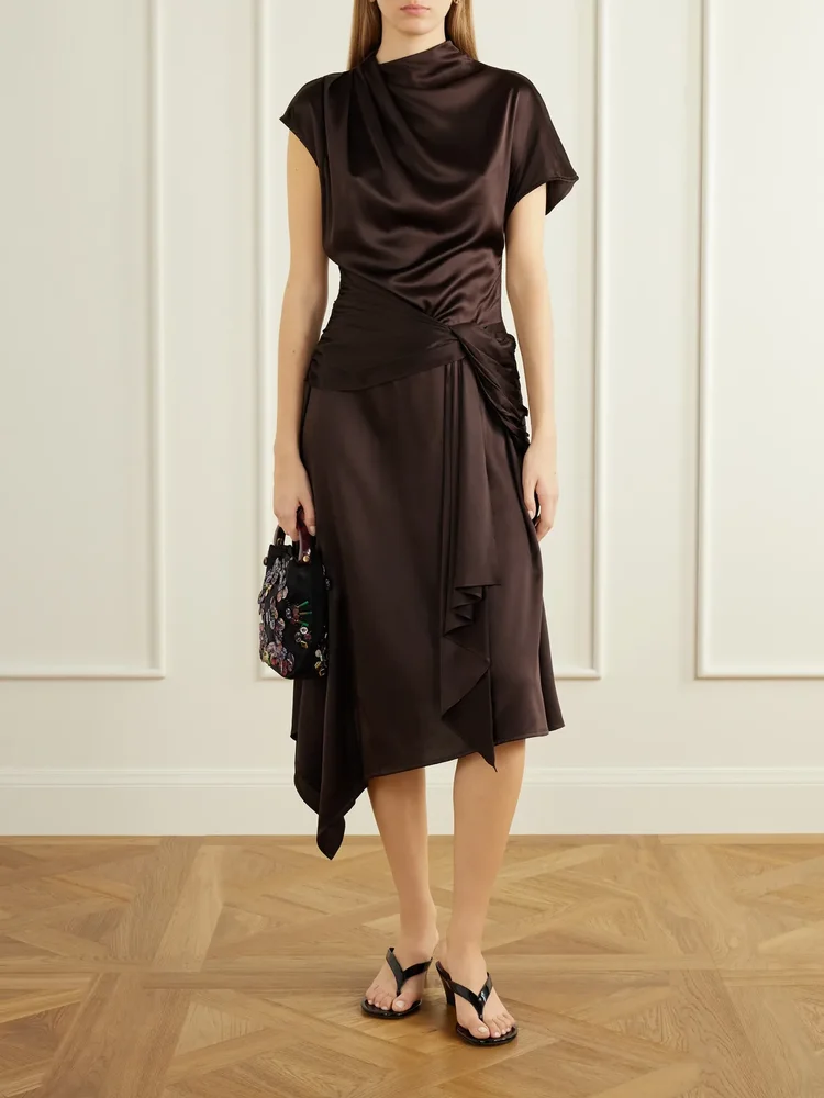 Davina gathered silk-blend satin midi dress