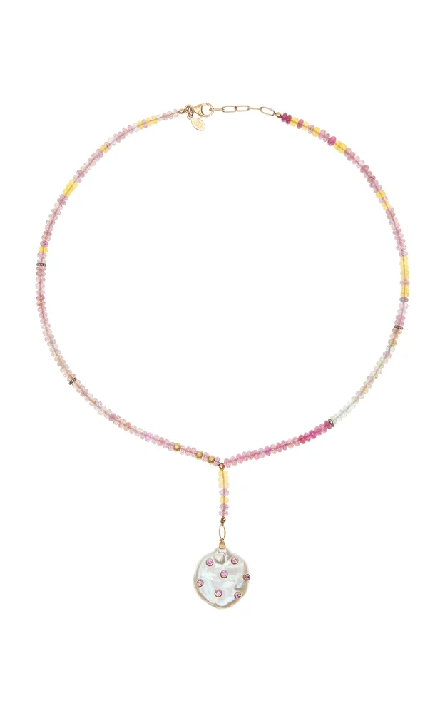 Raspberry Sherbert 14K Yellow Gold Diamond Sapphire Pearl Necklace