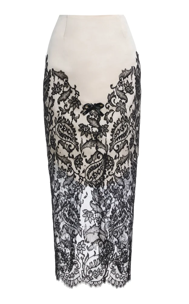 Exclusive Beaded Lace-Detailed Silk-Satin Midi Skirt