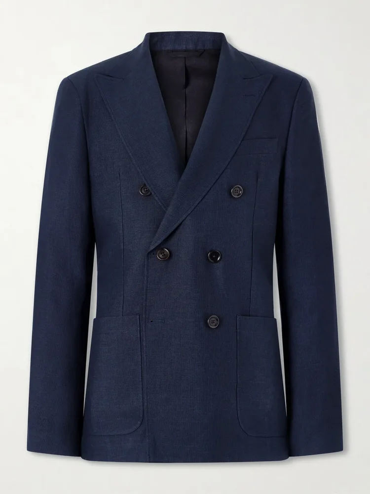 Double-Breasted Linen, Virgin Wool and Cotton-Blend Suit Jacket
