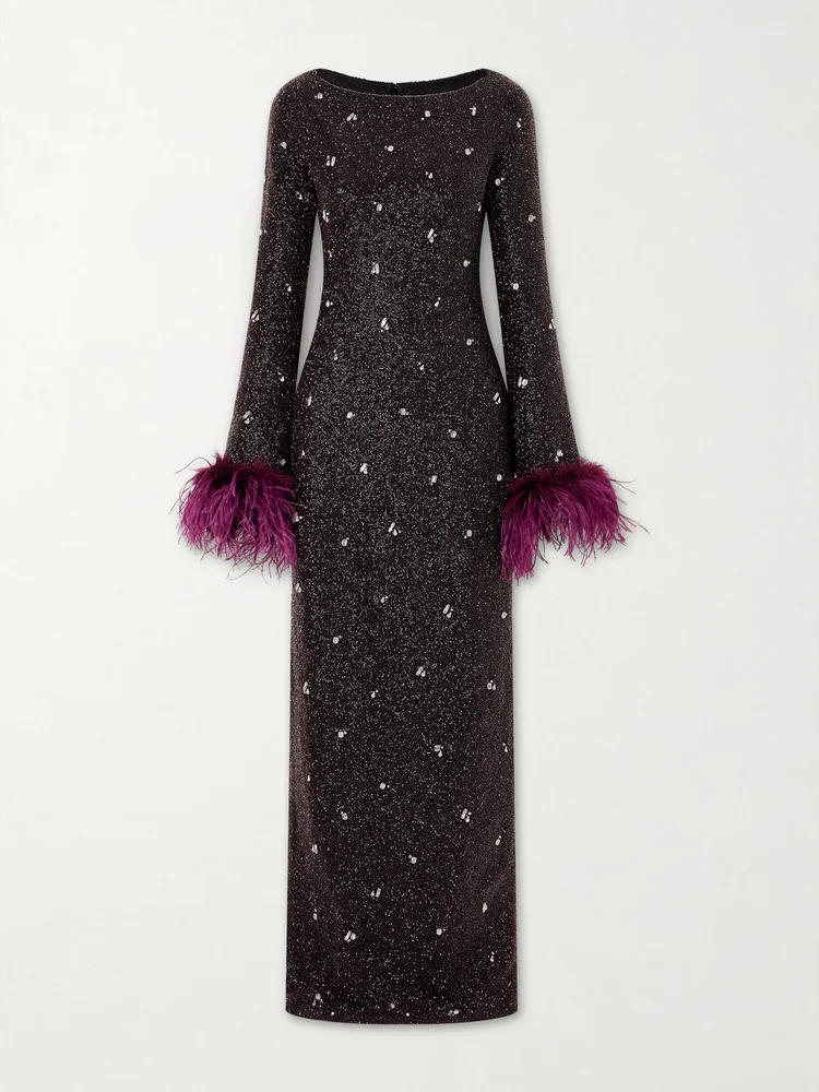 Mae feather-trimmed embellished beaded tulle gown